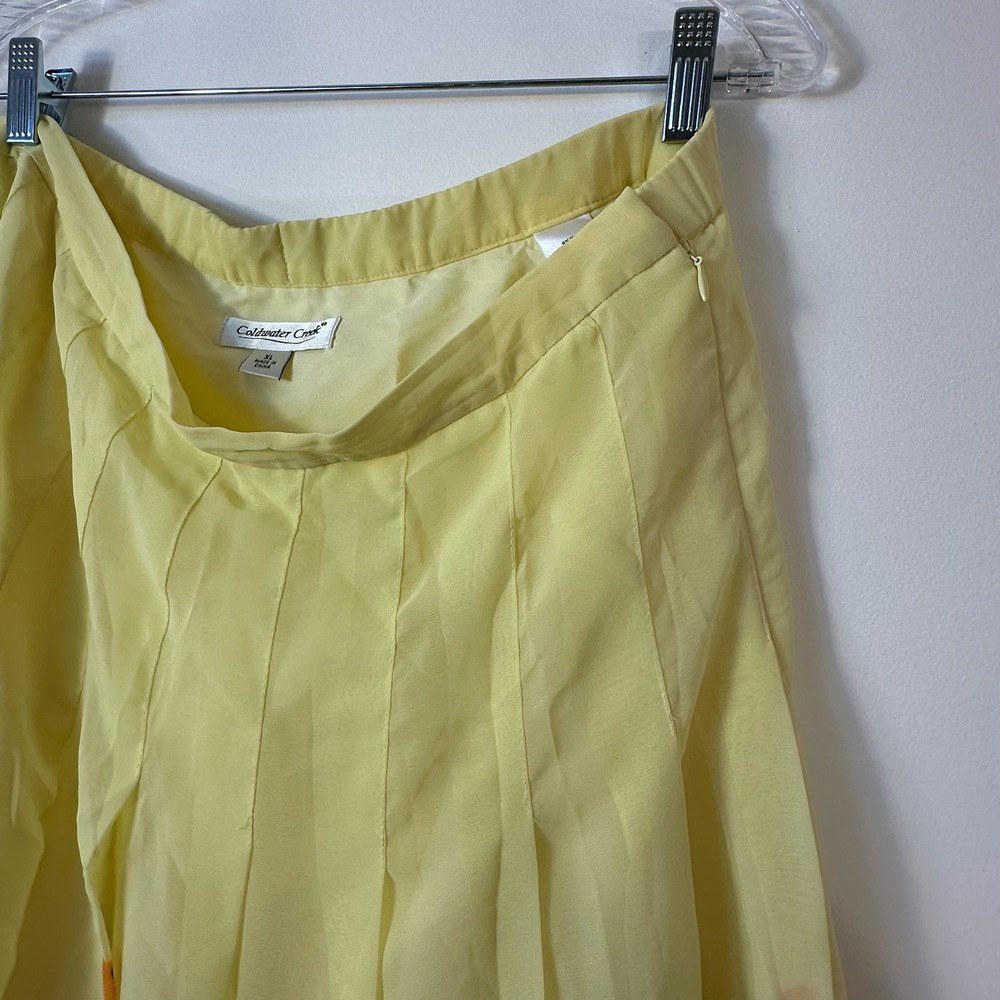 Coldwater Creek Yellow Floral Chiffon Pleated Midi Skirt XL Watercolor Print - Picture 6 of 8